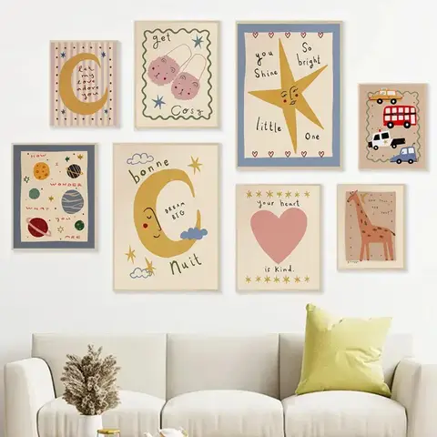 1pc Frameless Bohemian Sun and Moon Animal Cartoon Illustration Poster Printing Canvas Painting Wall Art Living Room Room Decor