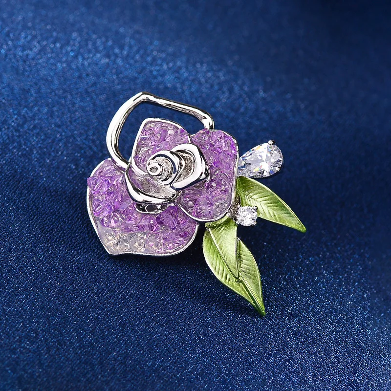 Chinese Style Auspicious Lucky Purple Rose Magnetic Brooch Sparkling Faux Crystal Elegant No Pin Mark For Women Daily Party Gift