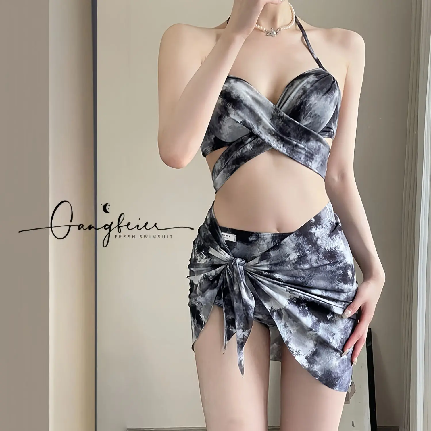 

Fashion Tie-Dye Women's Split Swimsuit 3 Pieces Cross Design Hanging Top Cover Gauze Skirt Hottie Sexy High-Waisted Bikini