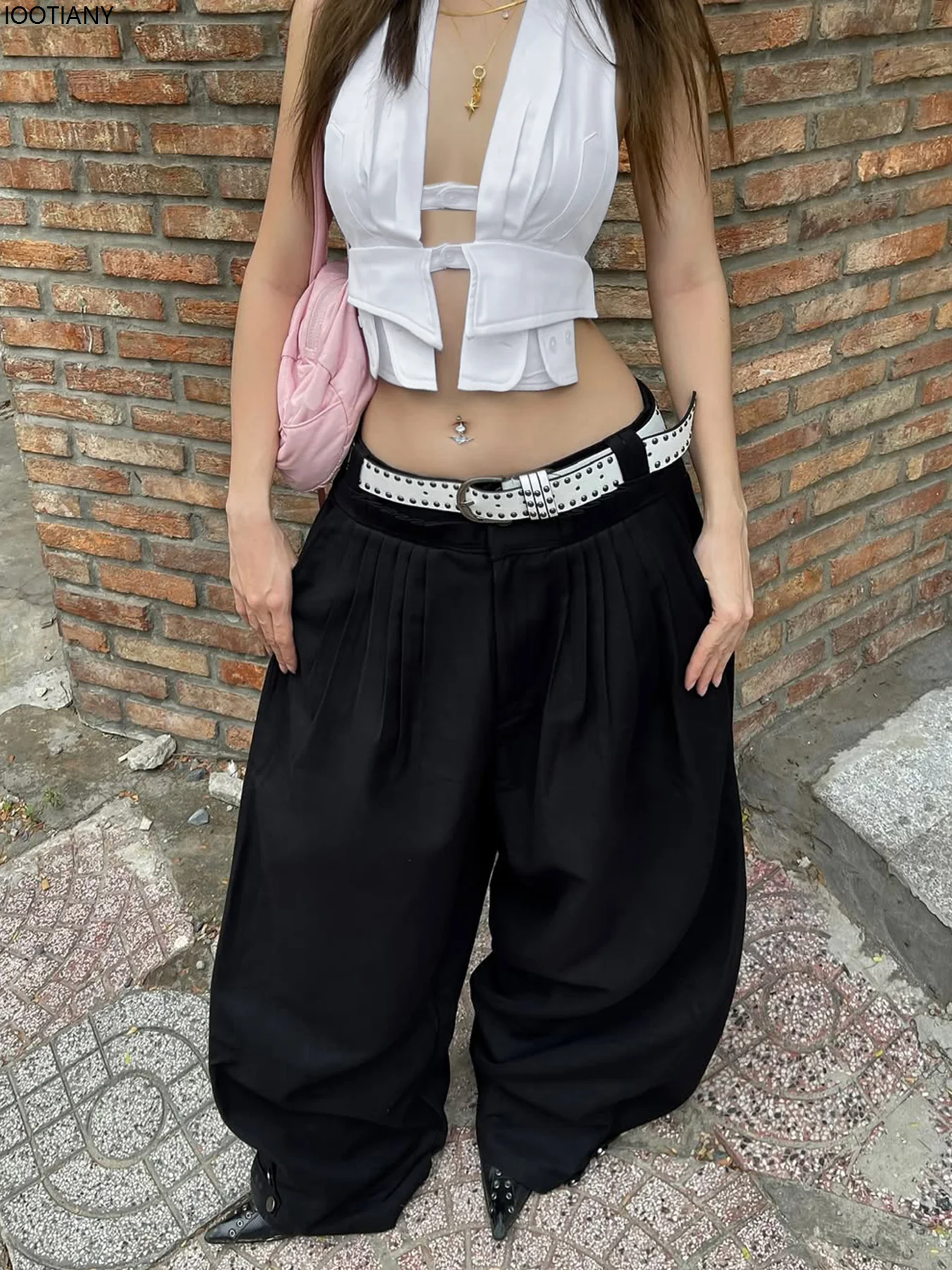 Fashion Pleated Low Rise Office Casual Pants Women's Casual Button Loose Straight Pants Summer Street Style Trousers