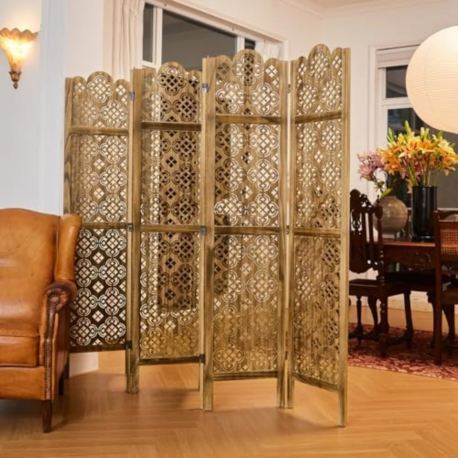 68.9Inch Folding Room Divider, 6 Panels Wood Carved Privacy Screens, Free Assembled Privacy Screen Decorative Partition