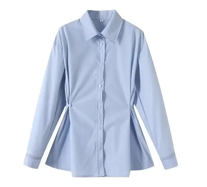 

French Style Loose Fit Button up Shirt Waist Cinching Simple Casual New Arrival Women's Fashion Blouse