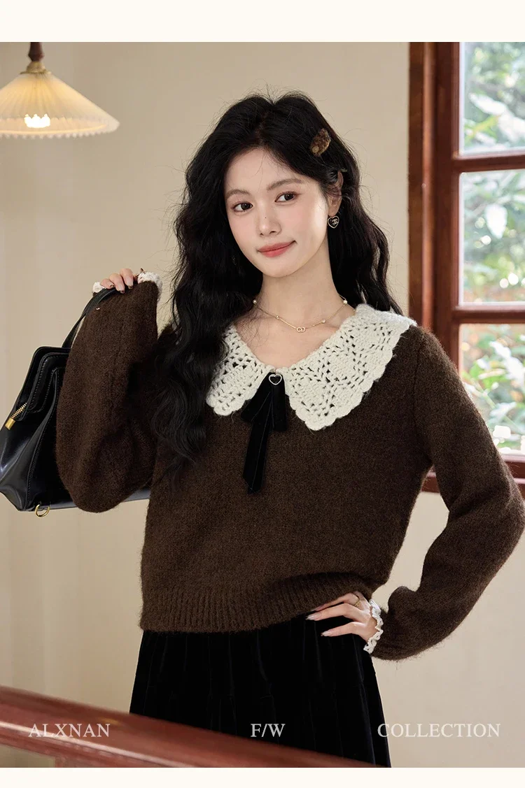 ALXNAN Women's Crochet Patchwork Sweaters Sweet Doll Collar Velvet Bow Heart Button Long Sleeve Pullover Fall Winter Tops L52203