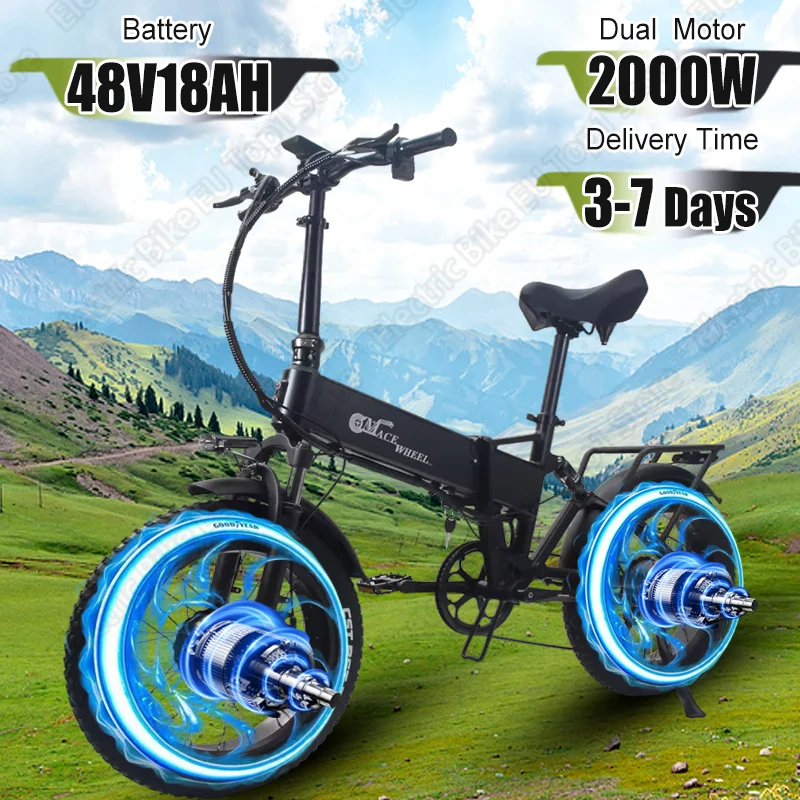 E-bike 2000W Dual Motor 48V18AH Hidden Lithium Battery 20-inch Fat Tire Foldable Electric Bicycle Variable Speed Electric Bike