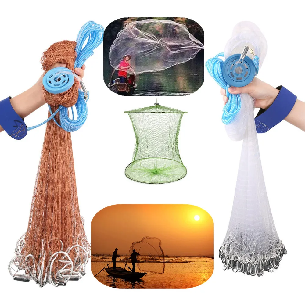 

Fishing Cast Nets With Sinker 2.4m/3.6m/4.8m Radius Hand-Throwing Fish Trap Nets Heavy American Network With Shrimp Basket