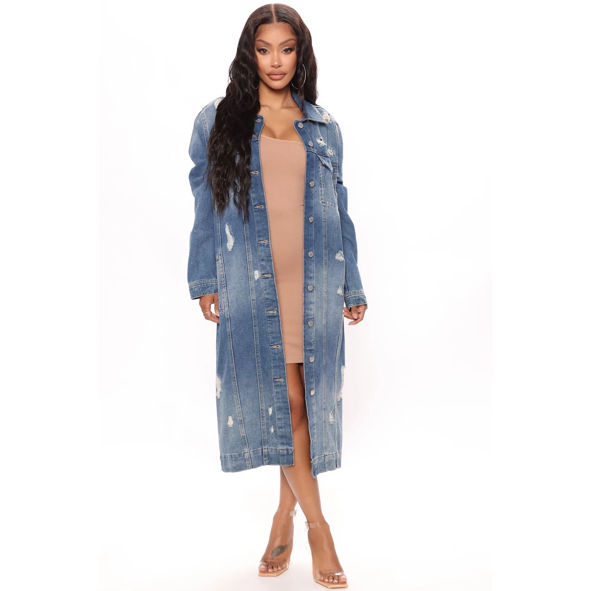 

Women's Long Sleeved Denim Trench Coat, Fashionable Cardigan, Cloak with Broken Holes