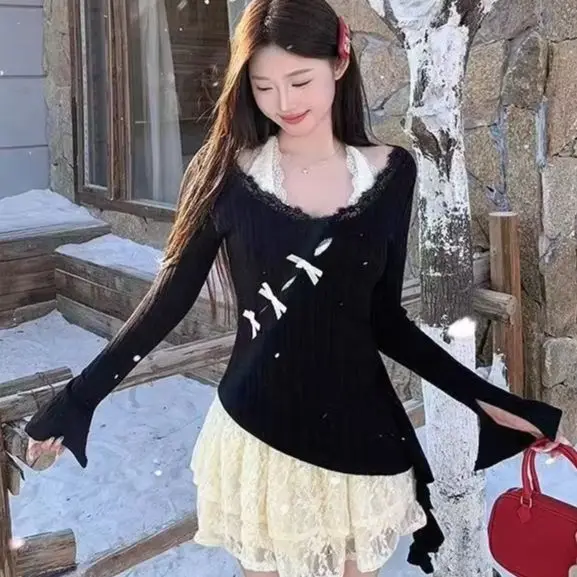 Ballet Core Coquette Women 2 Piece Set Y2K Shoujo Girl Long Sleeve Tops + Lace Mini Dress Korean Kpop 2000s Summer Outfits