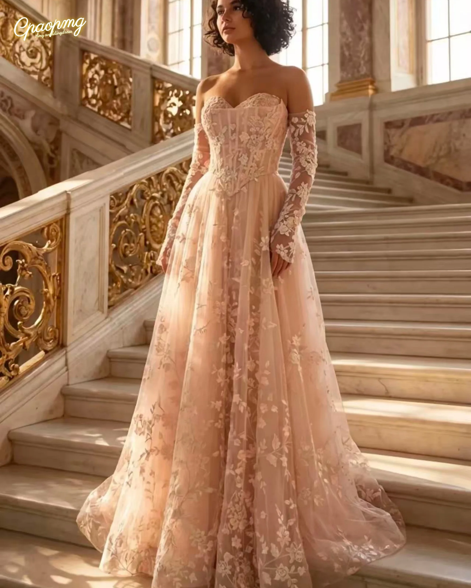 

Потрясающее тюлевое кружевное вечернее платье с рукавами 3/4 и воротником в форме сердца, трапециевидное платье длиной до пола, вечернее платье для выпускного вечера со шлейфом