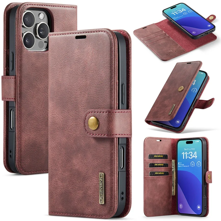 Strong Magnetic Removable Phone Case for iPhone 16 Pro Max 16 Plus PU Leather Wallet Flip Case for iPhone 15 Pro Max 15 Plus