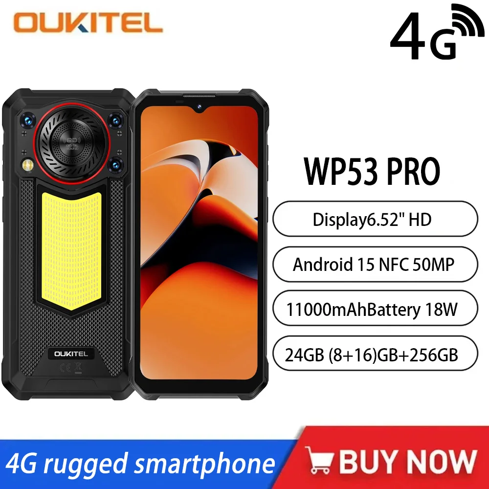 

НОВЫЙ прочный смартфон OUKITEL WP53 PRO 4G 6,52 дюйма, 24 ГБ + 256 ГБ, 11000 мАч, 18 Вт, Android 15 NFC, 50 МП, 128 дБ, динамик, 36 мм, сотовый мобильный телефон