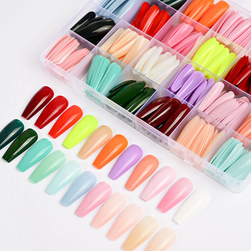 Colorful Medium/Long Coffin Press On Nails 576pcs/box Glossy Acrylic Ballerina Fake Nails Full Cover Artificial False Fingernail