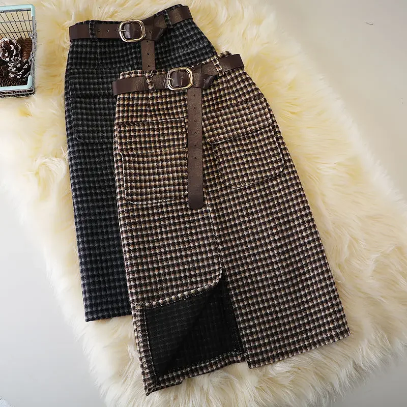 

Autumn Winter Woolen Plaid Hip Skirt Women's Korean-Style New Versatile High Waist Belt Split Mid-Length Woolen Skirt Femme P549