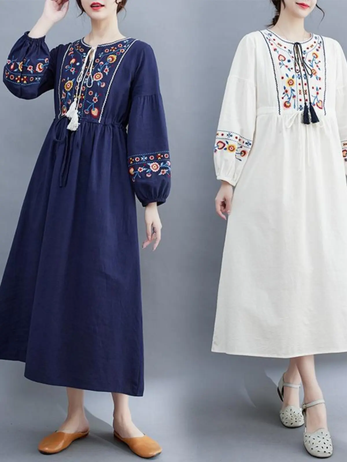 

Loose Fit Embroidered Midi Dr A-Line Skirt Single Ethnic Sle plus Size Slimming Cotton Casual High Waist Spring Dr