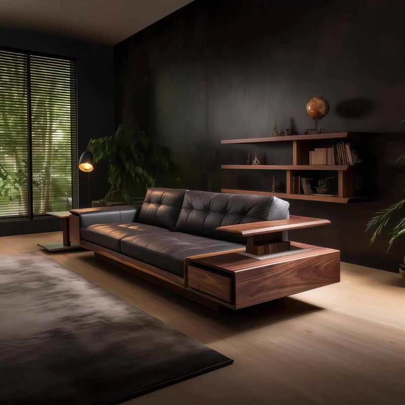 

Chinese black walnut solid wood leather sofa medium and ancient style large and small apartment simple light luxury living room