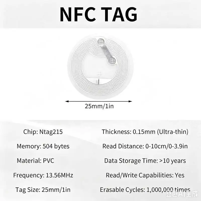 100Pcs 13.56MHz NTAG215 NFC Stickers Rewritable 504Bytes High Capacity Adhesive Tags Compatible with Android iOS NFC Smartphones
