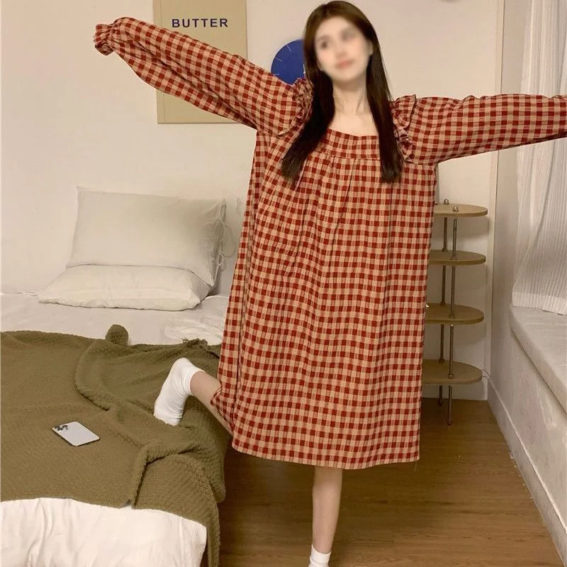 

Women's Sleeping Skirt Kawaii Spring Autumn Long Sleeve Nightgowns Pajamas Sweet Nightdress Casual Home Clothes Dress New Style