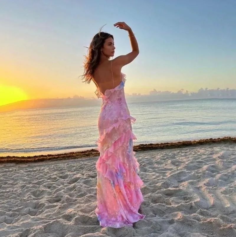 Floral Print Spitze Rüschen Sling Maxi Kleid Frauen Sommer Sexy V-ausschnitt Spaghetti-trägern Backless Urlaub Beachwear Boho Lange Robe