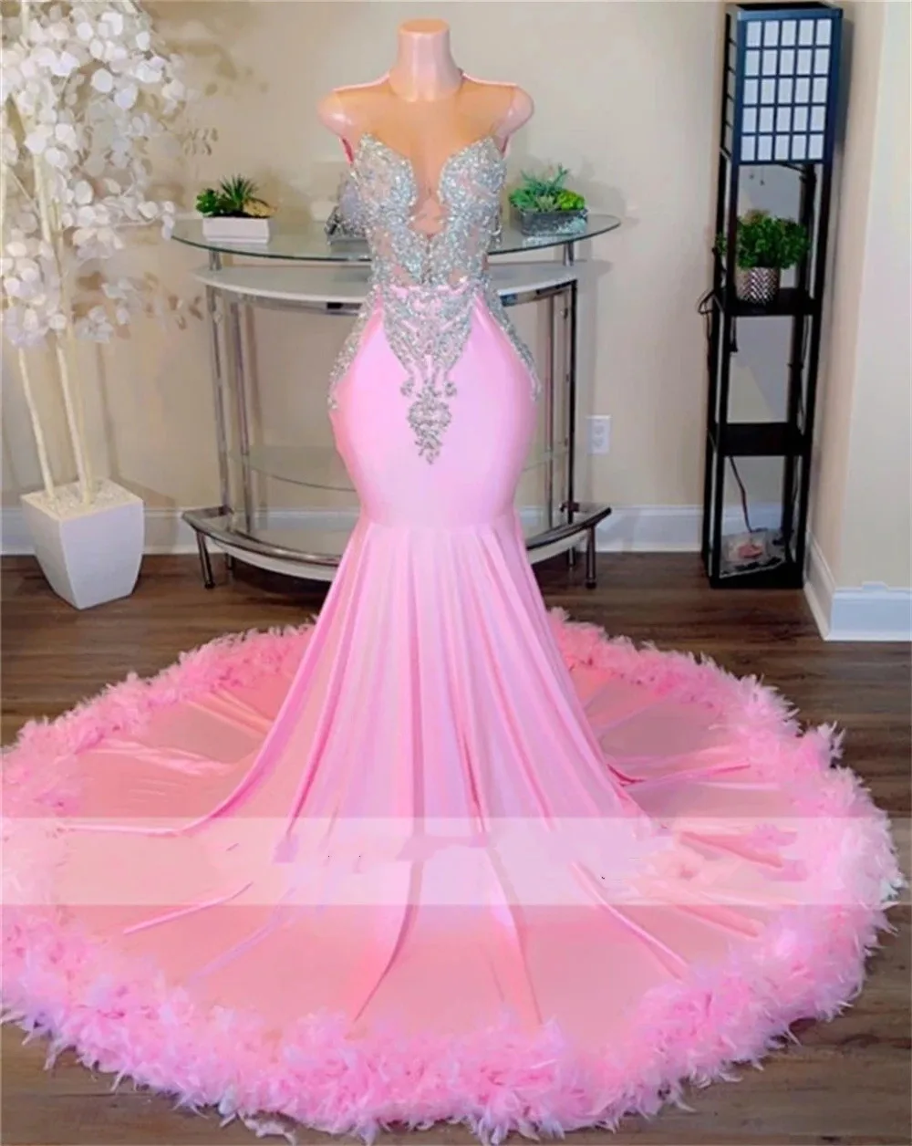 Sparkly Diamond Pink Prom Dresses for Black Girls Luxury Beaded Tassel Long Gowns African Mermaid Sequin Dress with Feathers