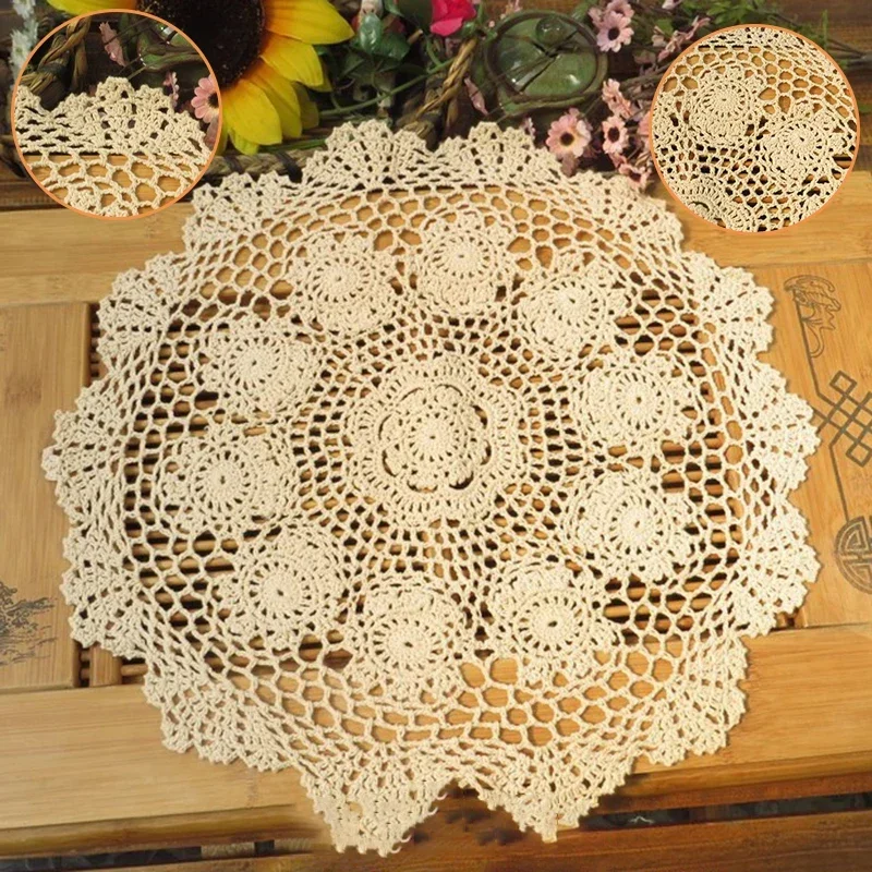 Accessory Decoration Stylish Table Mat Handmade Beige Crochet Flower Hollow Home Kitchen Living Room Retro 40cm