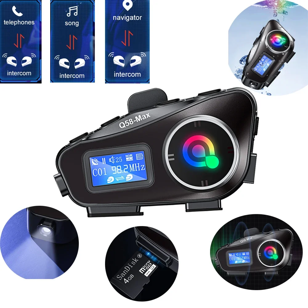 

NEW 1pc Q58-Max Motorcycle Helmet Intercom Bluetooth Headset LCD Display 2 Riders Music Share with Flashlight 500M Interphone