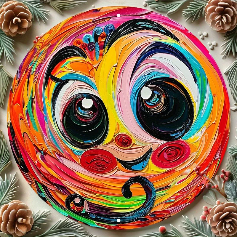 Thick Paint Rainbow Sun Face 2D Round Metal Tin Sign 7.87x7.87 Inch Vibrant Swirl Texture Iron Plaque Colorful Home Wall Art