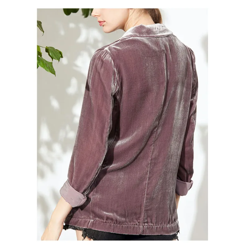 Real Silk Velvet Spring Autumn Lady Suit Jacket High-end Design Sense Thin Style Hanging Temperament Cardigan Silky Luster Black