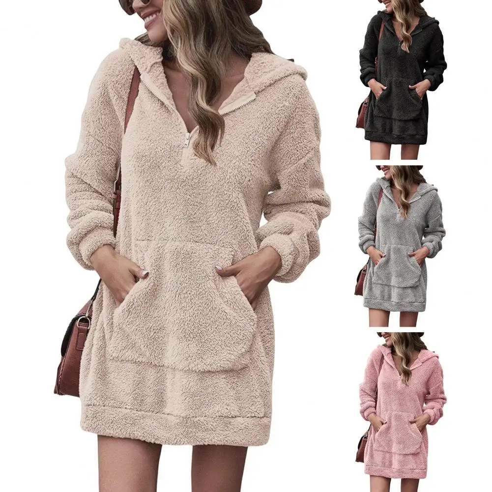 Women Loose Fleece Sweatshirt Dress Autumn Hoody Long Sleeve Pocket Homewear Warm Velvet Baggy Dresses Casual Mid Length Top