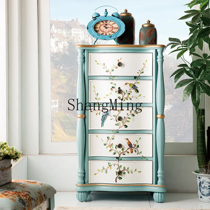 ZYY exquisite rural painted bedroom chest of drawers solid wood retro five-bucket storage cabinet whole painted drawer cabinet