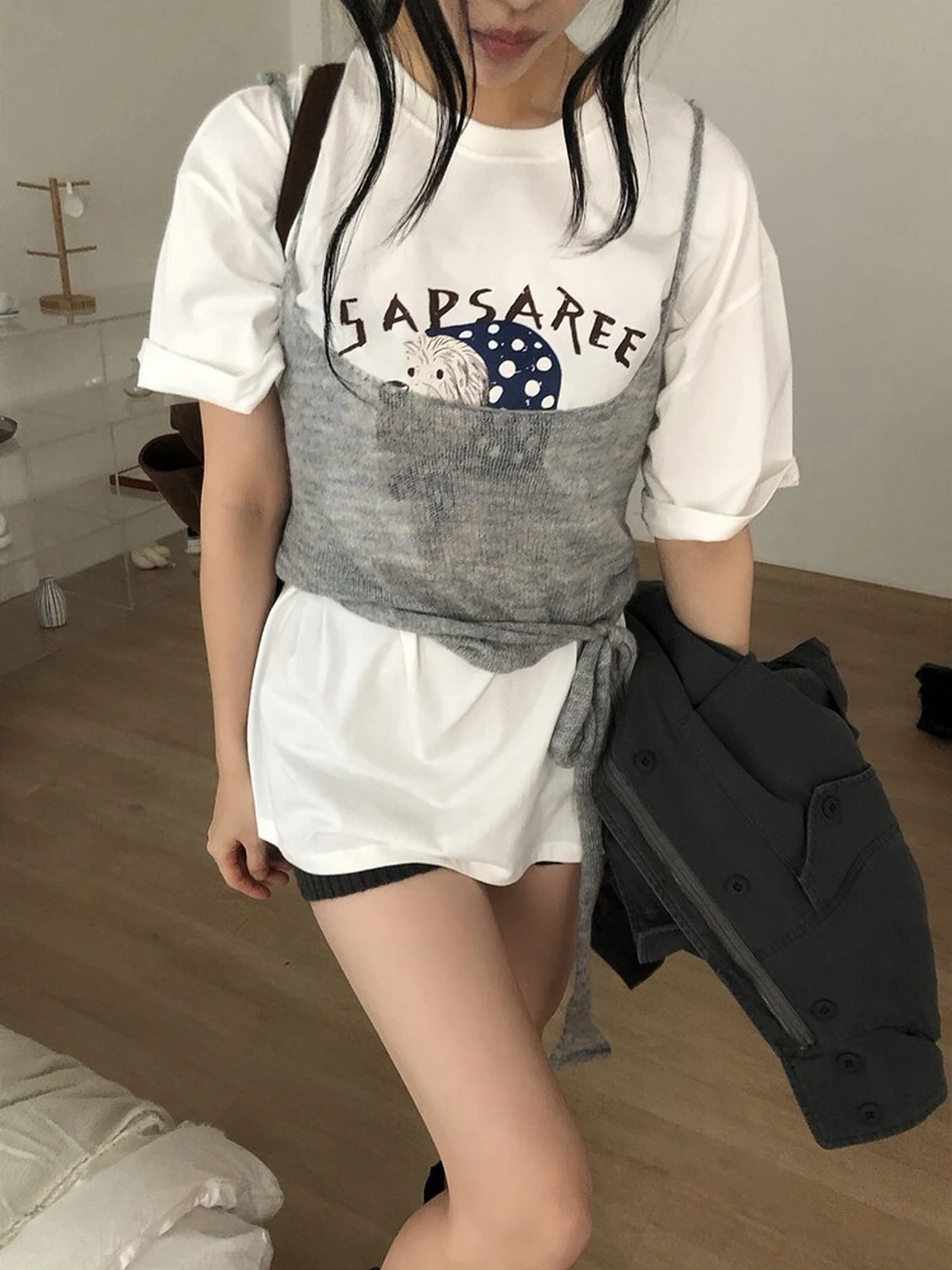 Sakura Checkered Dog Two-color Polka Dot Short Sleeve T-shirt Korean Style Sweet College Loose Top Women's Summer Cotton Tee