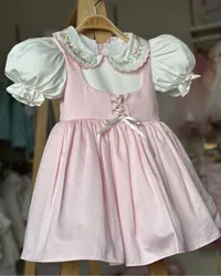 0-12Y Baby Girl Summer Pink Flower Embroidery Turkish Vintage Princess Ball Gown Dress for Birthday Holiday Easter Eid  B115
