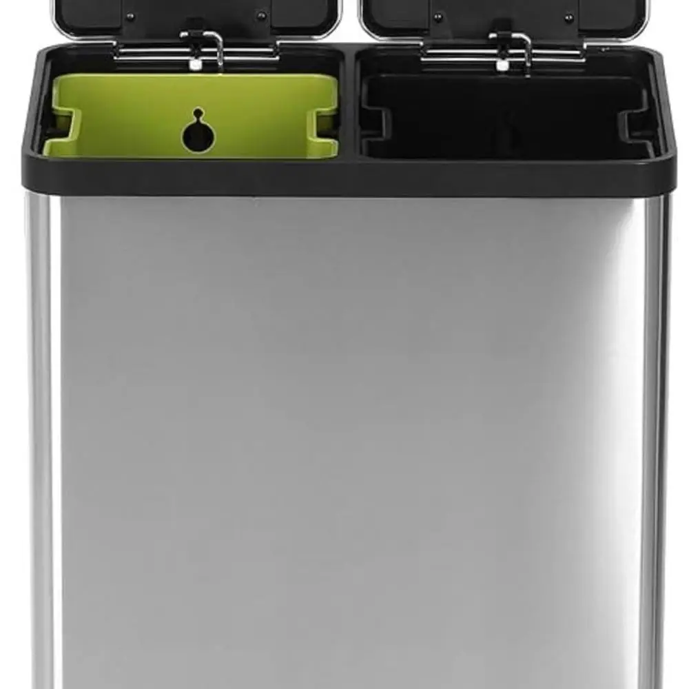

Hands-Free Dual-Bin 60L Rectangular Trash Can with Soft-Close Lid in Brushed Stainless Steel