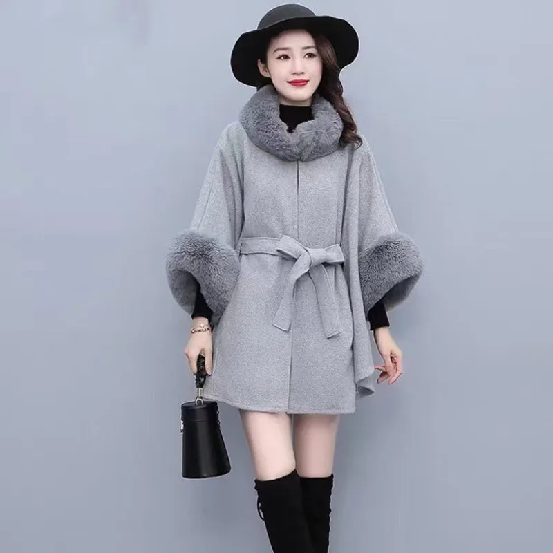 

8 Colors Women Mantle Winter Faux Fur O Neck Poncho Cardigan Streetwear Outer Loose Capes Cloak Big Pendulum Oversize Belt Coat