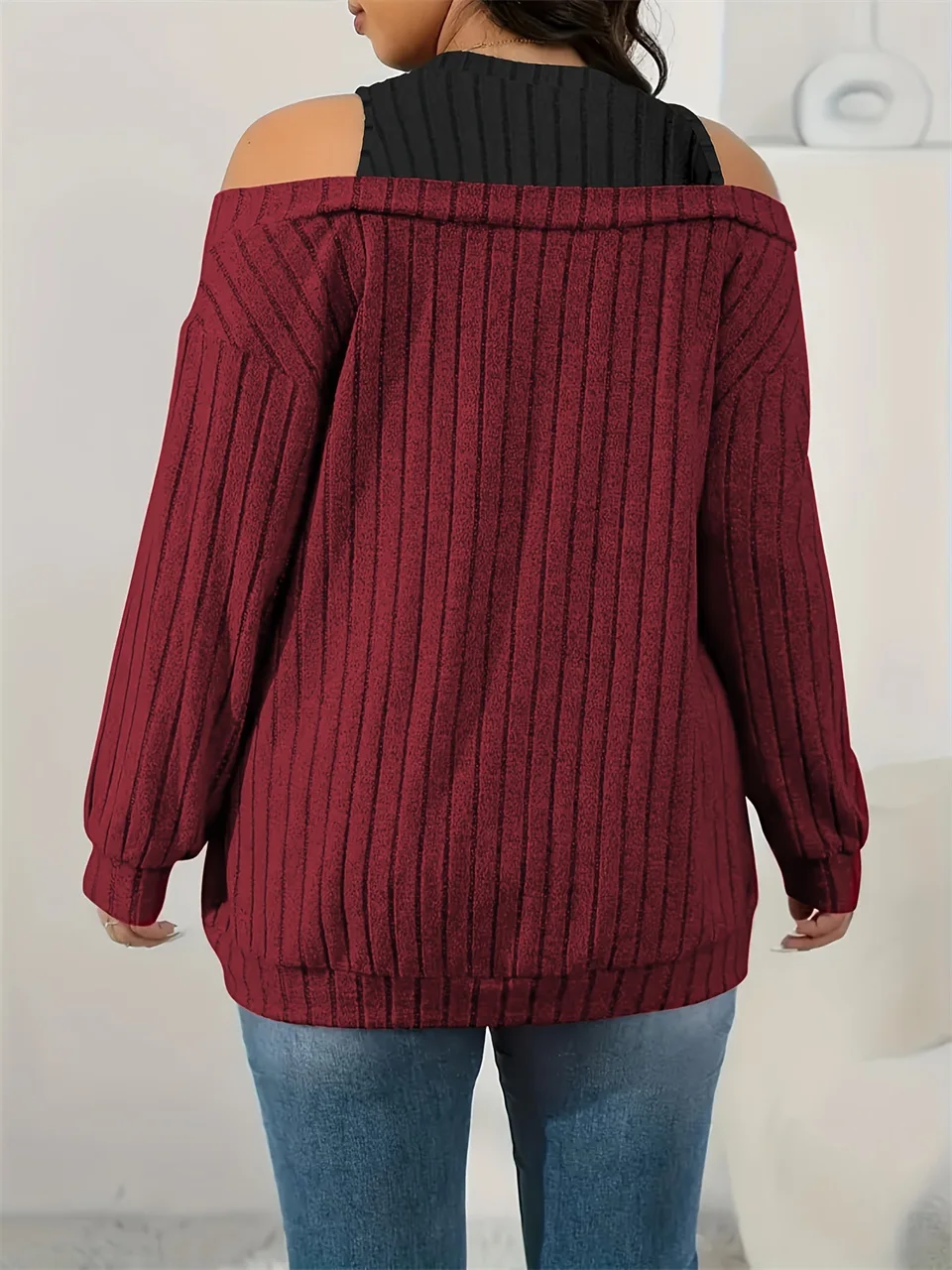 GIBSIE حجم كبير الكتف البارد 2 في 1 الضلع متماسكة المحملة المرأة 2025 ربيع الخريف عادية فضفاض س الرقبة طويلة الأكمام تي شيرت الإناث