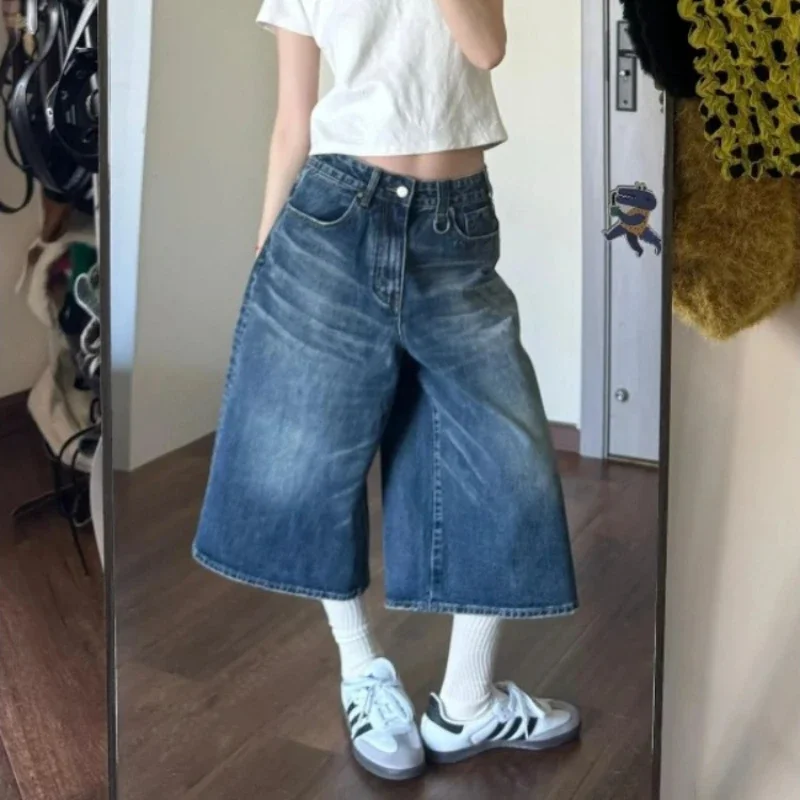 QWEEK Baggy Y2k Jorts Vintage Loose Knee Length Shorts Jeans Streetwear Oversized Wide Leg Denim Pants America Casual Trousers