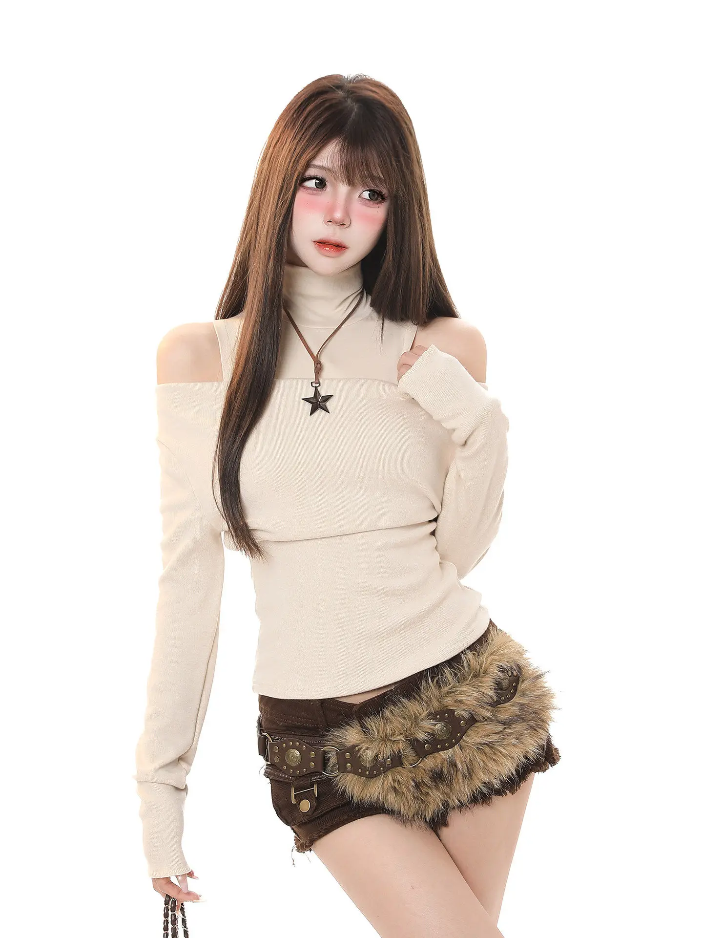 

Spicy Girl Sle High Collar oulder Bared Long Sve Women's T-irt Slimming Versatile Youthful Beautiful Base Top