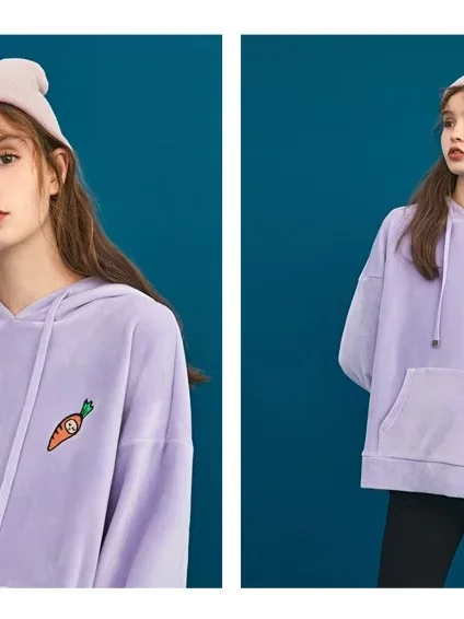 Felpa con cappuccio ricamata con orecchie di coniglio in velluto da donna Thi Quali Long Sve Sweet Sle Fibra di poliestere Casual Streetwear