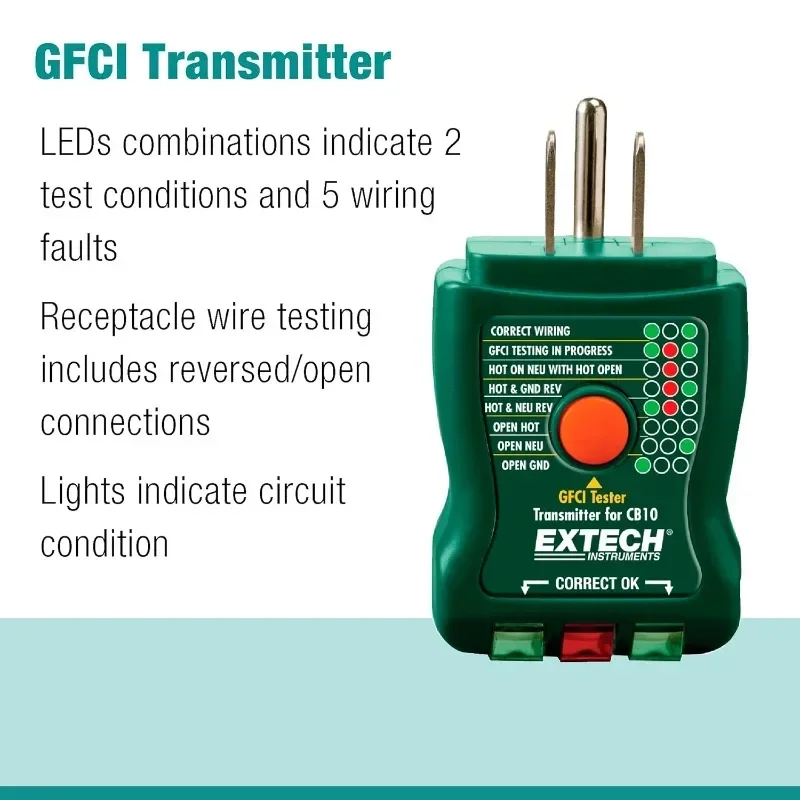 Buscador de disyuntores CB10, localiza fusibles/disyuntores, prueba receptores y circuitos GFCI, verde, rojo