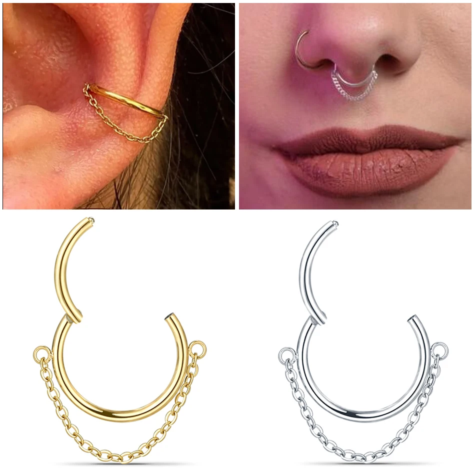 

Stainless Steel Earring Hinged Segment Clicker with Chain Septum Piercing Nose Ring Women Cartilage Helix Hoop Pircing Jewelry