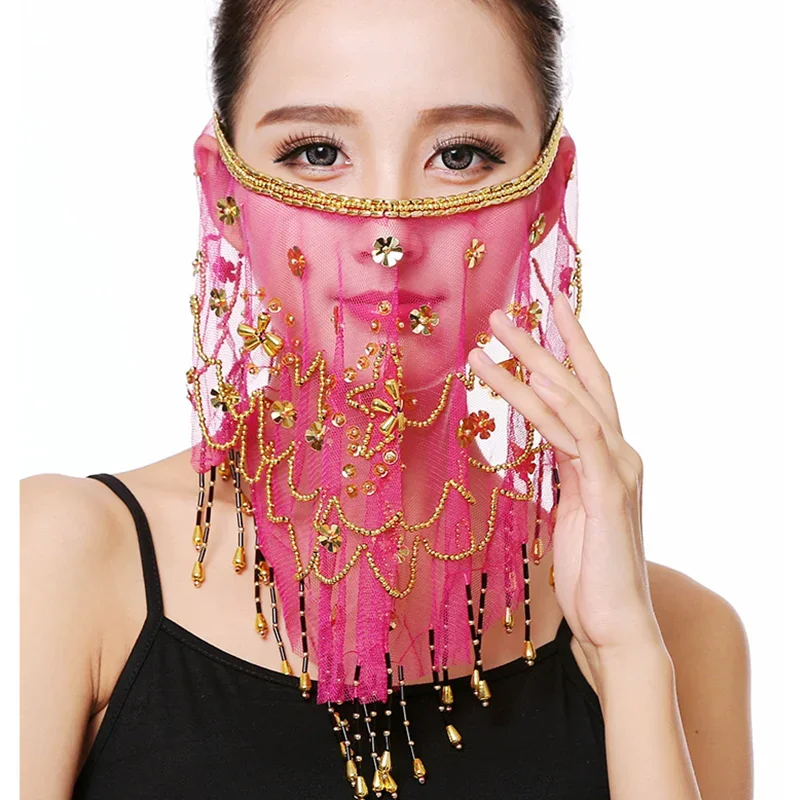 Women Belly Dance Tribal Face Veil Bollywood Face Veil Beaded Masquerade Mask India Dance Accessories Face Veil Arabic Princess