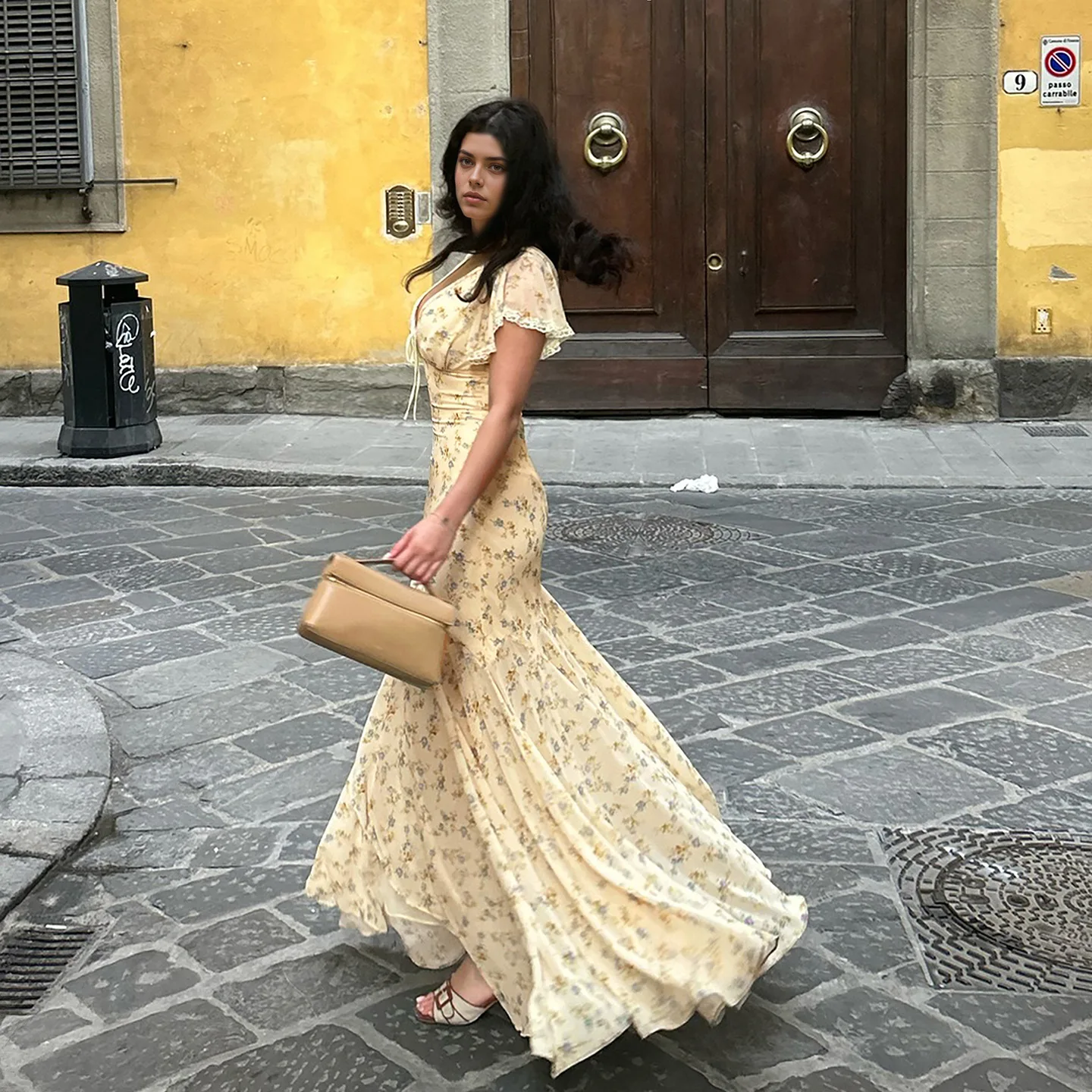 Suninbox Summer Elegant Floral Lace V-Neck Dress Ruffle Sleeve Tie Front Long Dress Garden Party Wedding Guest women view 2