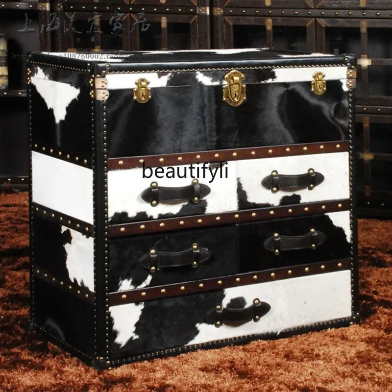 yj32 Modern American Milk Cowhide Entrance Cabinet Industrial Style Vintage Suitcase Villa Living Room Multi-Functional Storage