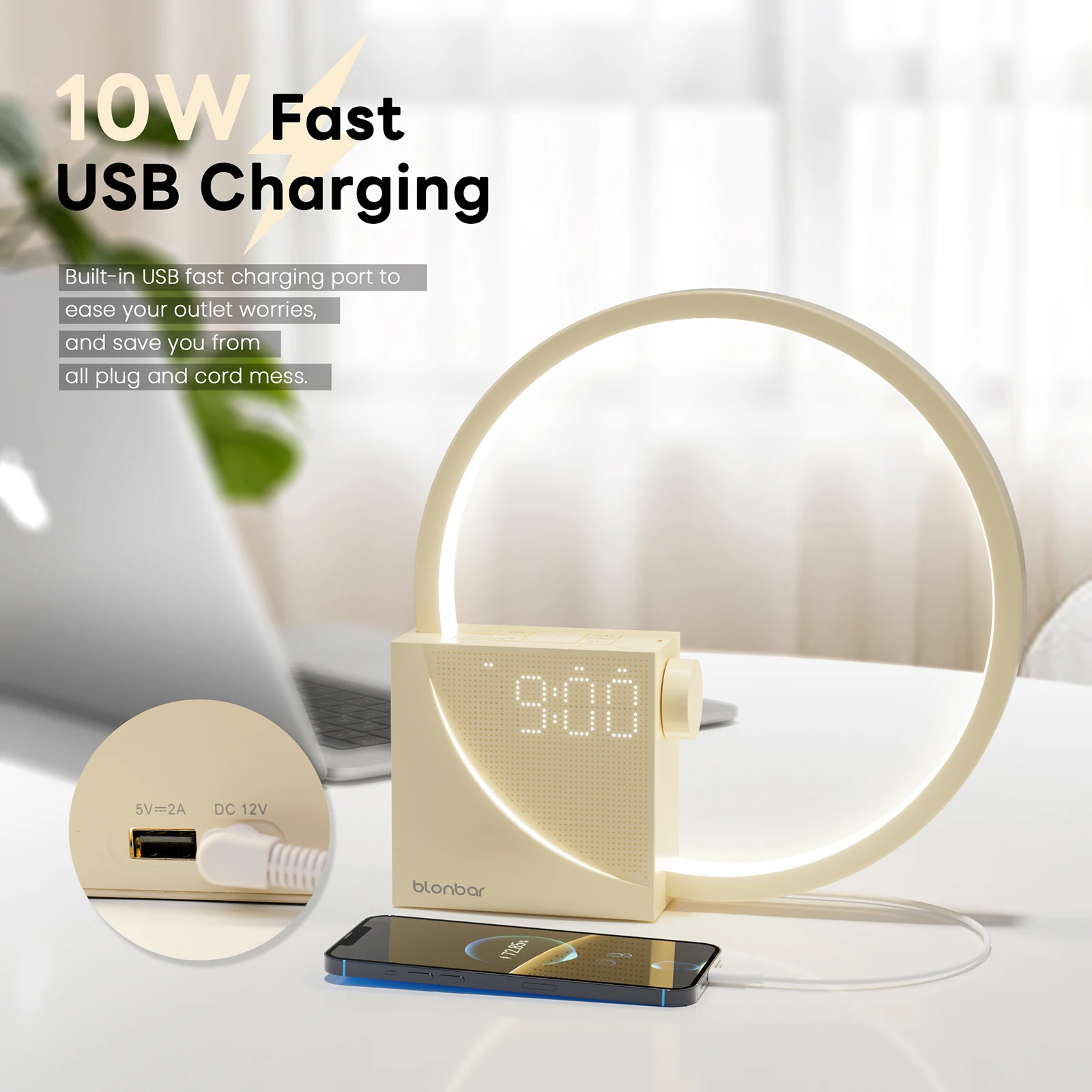 

Modern White Noise Bedside Lamp Dimmer Time Display USB Charging Output LED Light Source for Bedroom ABS Material Simple DC