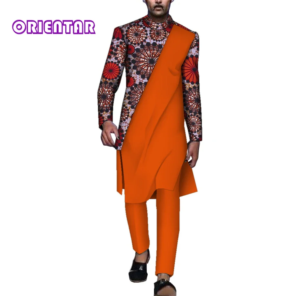 2 Pieces Set African Men Outfits Set African Print Patchwork Long Sleeve T Shirt and Pants Traditional Men Trousers Set WYN1663