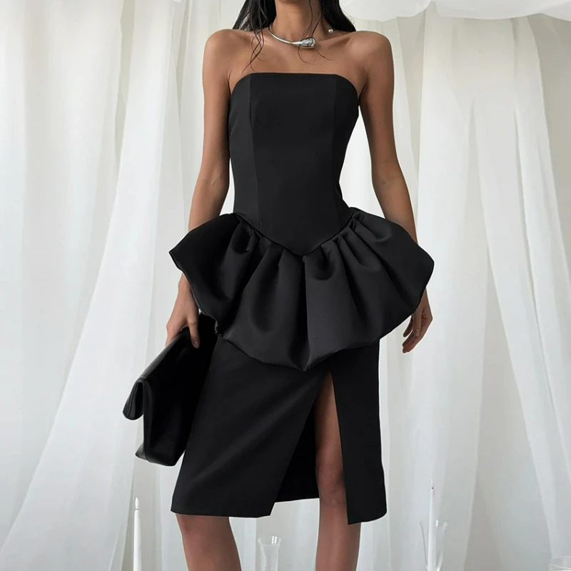 European American Style Elegant Fashionable Black Dress for Women 2026 Spring/Summer New Design Sense Slit Strapless Puffy Dress