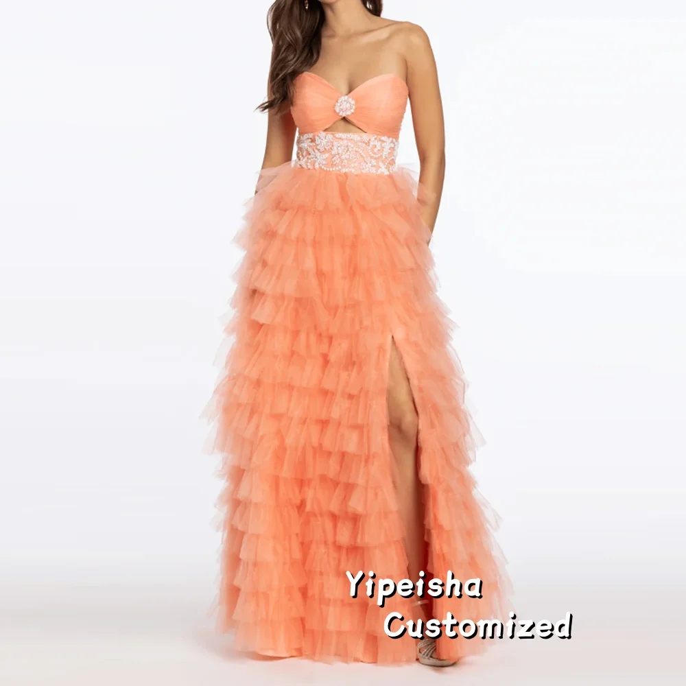 

Sweetheart Strapless Prom Gown Split Side A Line Customized Sequins Belt Tiered Evening Gowns vestidos de novia