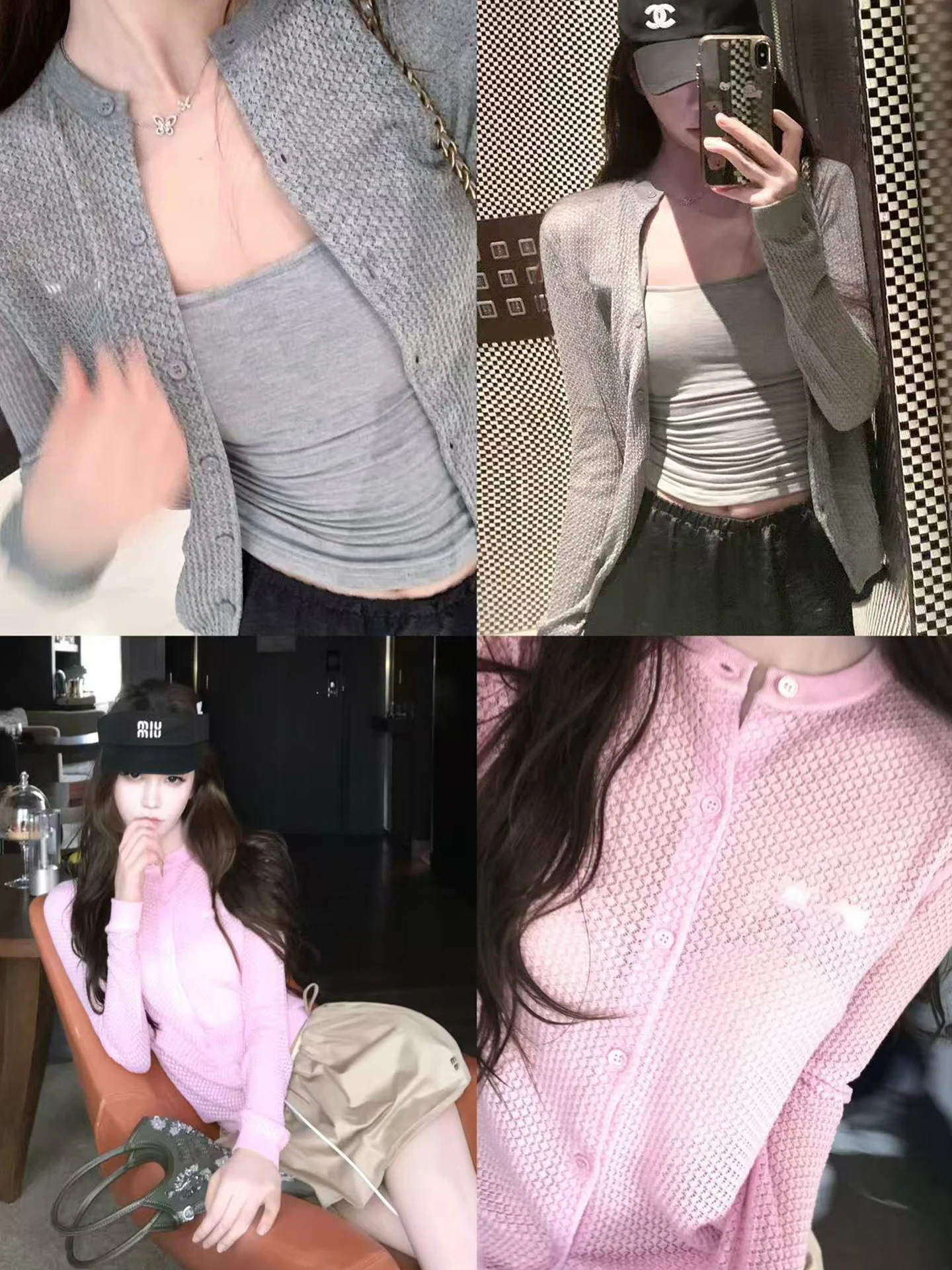 

Amor Commuter Sle Knitted Cardigan Two-Tone Semi-Transparent ey Pink Versatile ort Sve Women's Top Tee-acetate Fiber