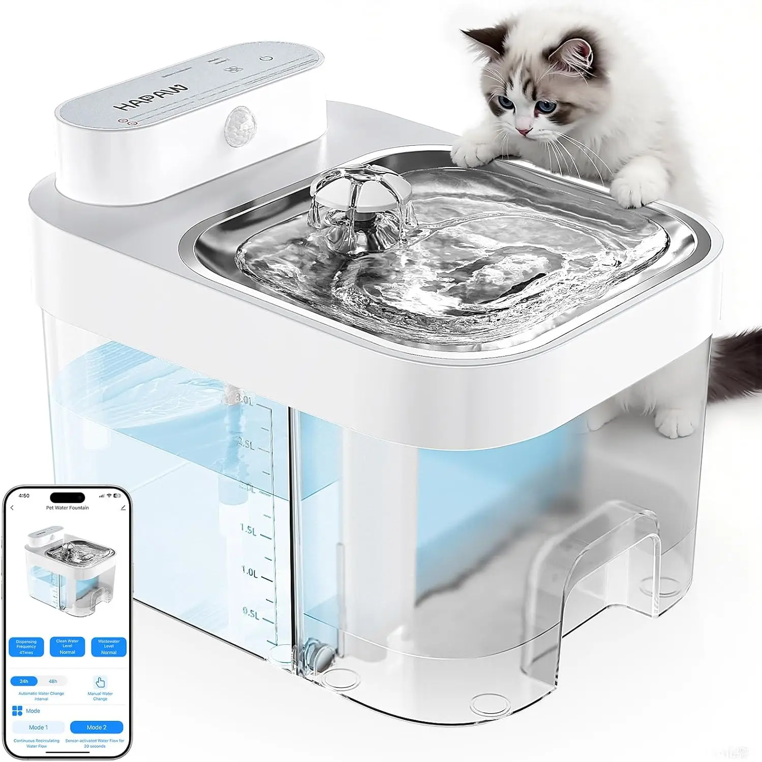 

2026 Smart Cat Water Fountain with App Monitoring, No Filter Cotton, 5000mAh Battery & Plug-in, 3L Capacity for Indoor Pets