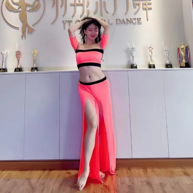 カスタマイズされたベリーダンス衣装練習衣装フュージョンクールスーツクール蛍光色ダブルスリットパンツスカートオリエンタルダンスセット