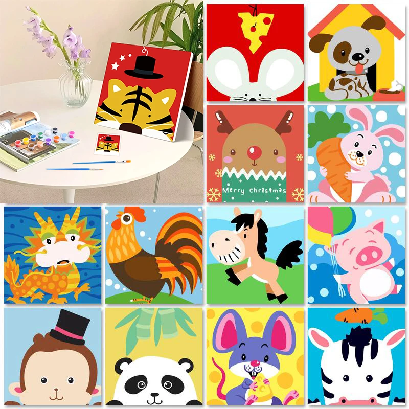 

20x20cm Framed Painting By Number Cartoon Kits Handpainted Picture By Number Animal Drawing On Canvas Children's Room Decor