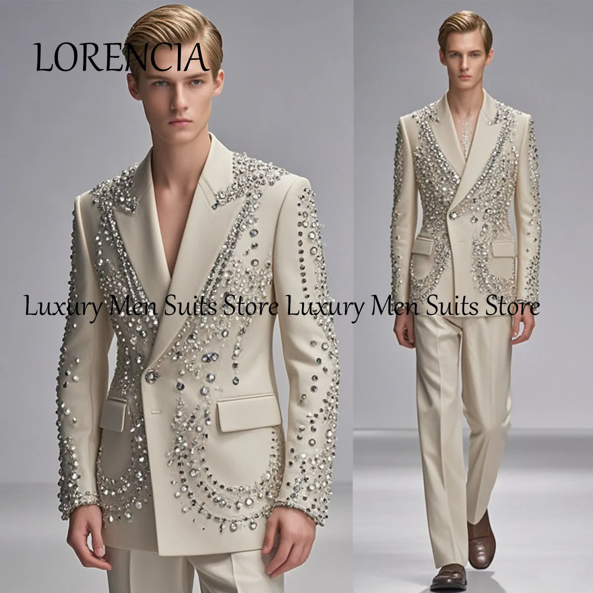 Customized 2025 Beaded Men Suits Business Formal 2 Pieces Sets Slim Fit Male Prom Party Blazers Outfits Groom Tuxedos Homme